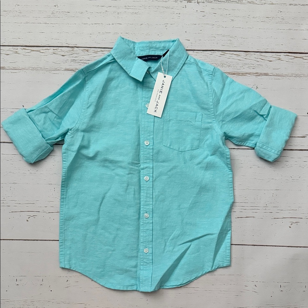 Janie and Jack Linen Button-Front Boys' Shirt in Aqua size 6